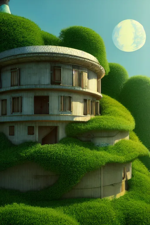 Image similar to cylindrical house, solarpunk, studio ghibli, jean - baptiste monge, octane render, 4 k