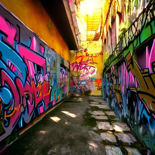 Prompt: breakfast at las pozas, graffiti on a wall, happy mood, cyberpunk, futuristic, technilogy, high detail, golden light, realistic