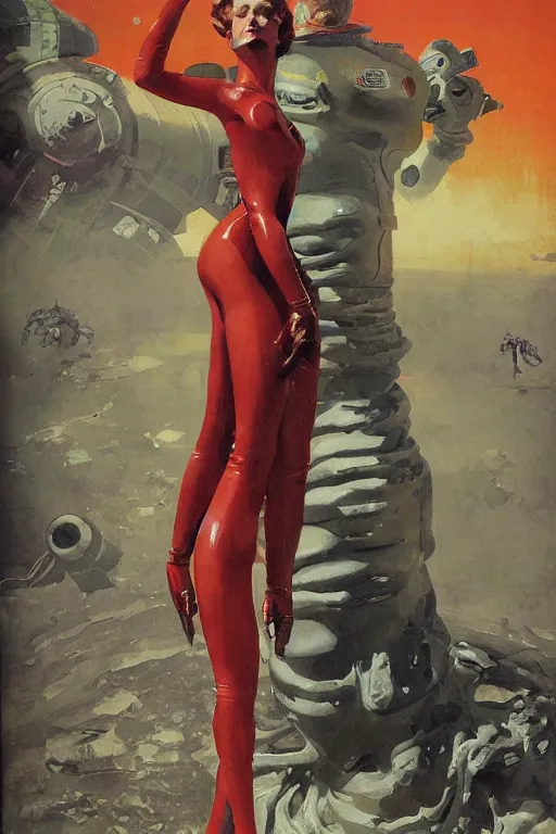 Prompt: pulp scifi fantasy illustration full body portrait of elegant woman wearing latex spacesuit standing beside huge martian, by norman rockwell, jack kirby, bergey, craig mullins, ruan jia, jeremy mann, tom lovell, 5 0 s, astounding stories, fantasy