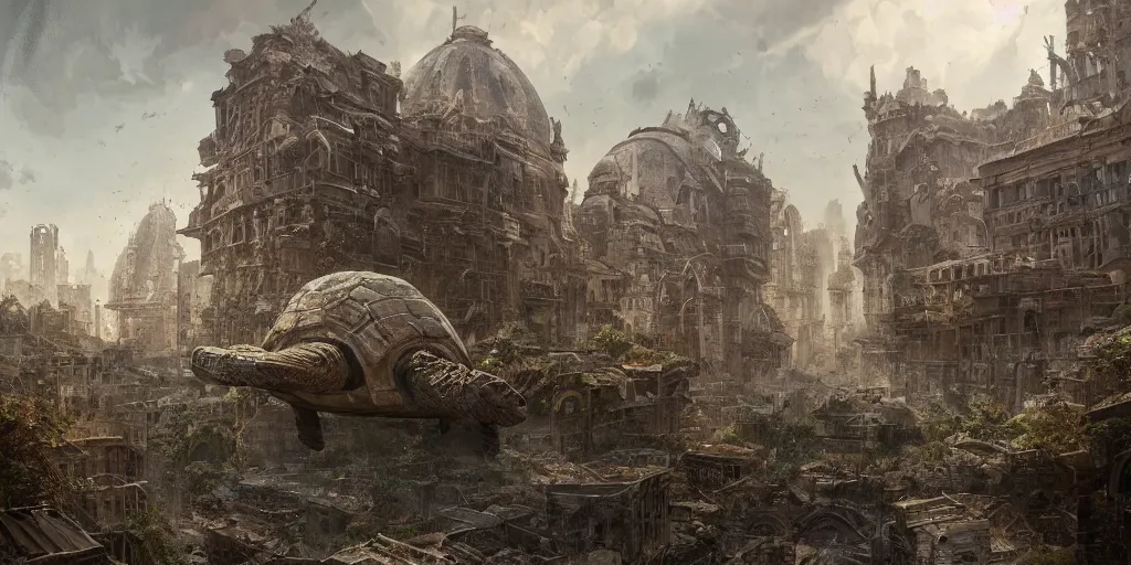 Prompt: abandoned city built on the back of a huge ancient turtle, greg rutkowski, 8 k, shallow depth of field, intricate detail, concept art,