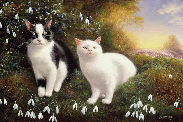 Prompt: a black and white cat sleeping next to a waterfall, surrounded by common snowdrops, golden hour, painting Mark Keathley