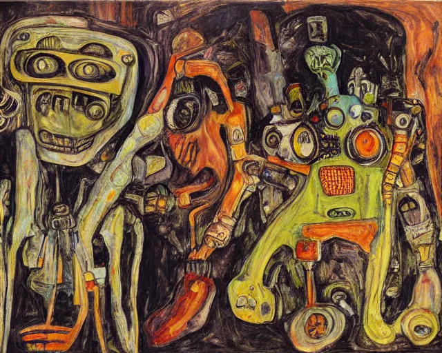 Image similar to a painting of a aliens and robots by graham sutherland, egon schiele, expressionism