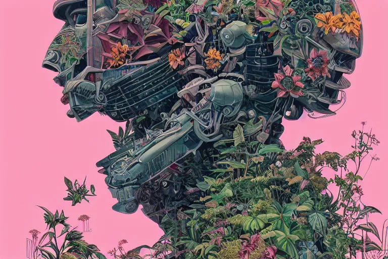 Image similar to gigantic mecha head, a lot of exotic vegetation, trees, flowers by moebius, dull colors, junji ito, tristan eaton, victo ngai, artgerm, rhads, ross draws, hyperrealism, intricate detailed, risograph