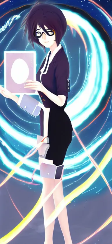 Prompt: an anime art of a female scientist in a laboratory holding a black hole, concept art, stylised, elegant, illustration, oc commission, high detailed