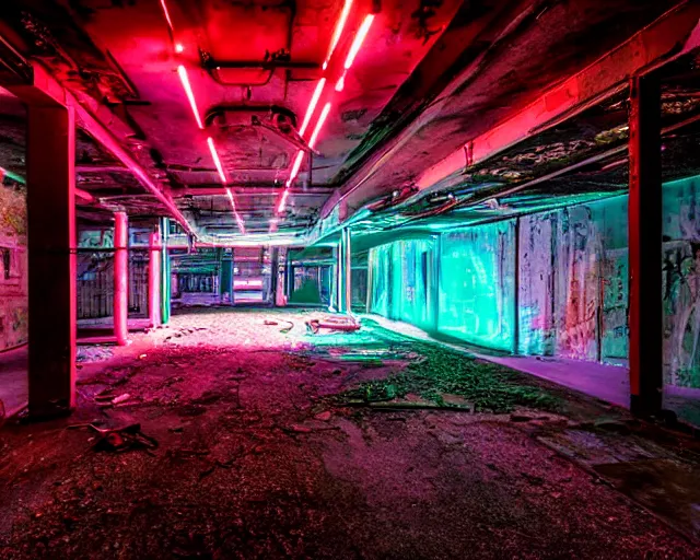 Image similar to An abandoned industial basement lit by a neon sign that says GAK, GAK sign, basement, cinematography by Robby Müller, GAK basement, industrial