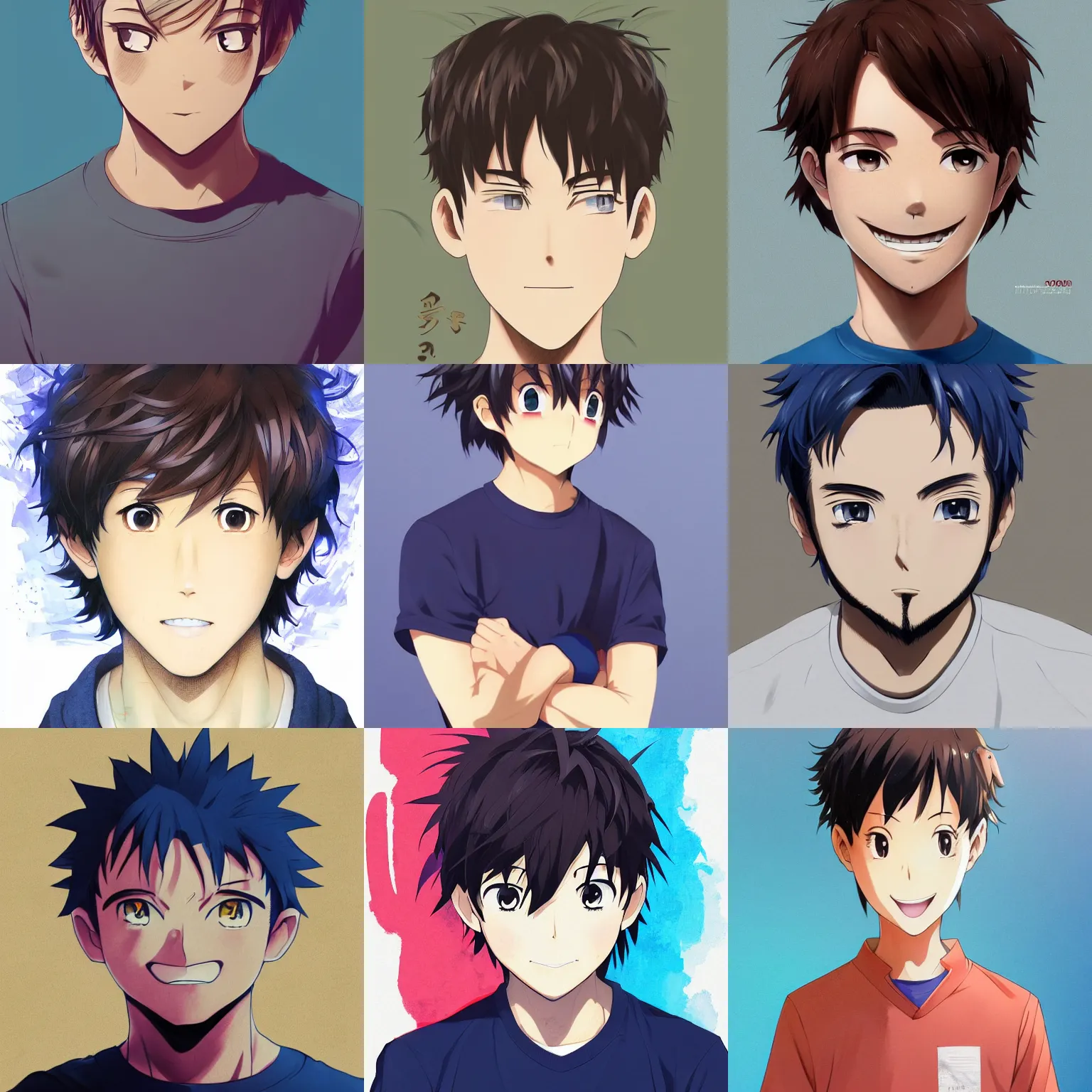 Prompt: A medium shot anime portrait of a happy anime man with extremely short walnut hair and blue eyes, wearing a t-shirt, his whole head fits in the frame, head shot, solid background, by Stanley Artgerm Lau, WLOP, Rossdraws, James Jean, Andrei Riabovitchev, Marc Simonetti, and Sakimi chan, trending on artstation