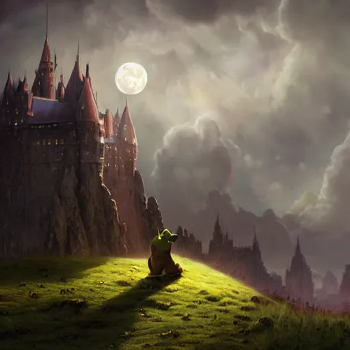 Prompt: shrek as a fantasy style hero, dramatic light, castle background, clouds, moon, storm, night, high detail, fantasy background, painted by stanley lau, painted by greg rutkowski, painted by stanley artgerm, digital art, trending on artstation