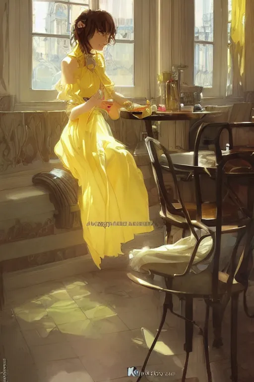 Prompt: A girl in a maid's outfit in a cafe a afternoon, wavy hair yellow theme,S line,45 angel by krenz cushart and mucha and trnyteal and greg rutkowski