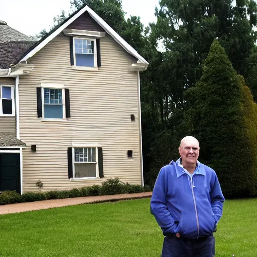 Image similar to a man standing proudly in front of a really badly built house