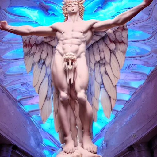 Image similar to photo of fullbody rococo and cyberpunk delicate neon pink sculpture of a hulking herculean muscular onyx albino marble jesus christ as an iridescent humanoid deity, angelic halo, wings, crown of thorns, cinematic lighting, photorealistic, octane render, 8 k, depth of field, 3 d