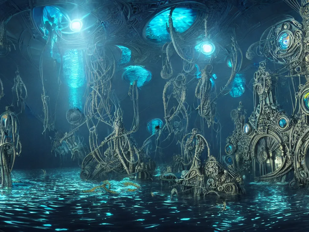 Prompt: highly detailed render of under water dark alien city with spirits floating, trending on deviantart, neo surrealism, sharp focus, a lot of little details, lens flare, epic render, magical composition, deep color scheme, ornate, intricate, octane, masterpiece, art by ernst haeckel and android jones and alex grey