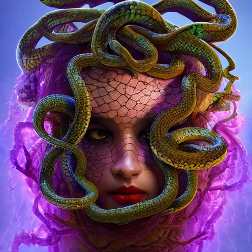 Prompt: beautiful scary dark medusa gorgon gaze head, highly detailed snakes, beautiful flowers, beautiful dark creepy landscape, in the style of beeple and mike winkelmann, intricate, epic lighting, cinematic composition, hyper realistic, 8 k resolution, unreal engine 5, raytracing, ultraviolet colors,