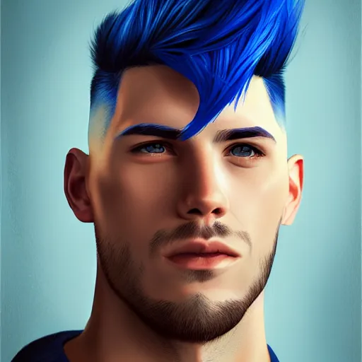 Prompt: portrait of a man with blue undercut hair,a sharp jawline,art by trevor henderson,digital art,highly detailed,photorealistic,deviantart,artstation,professional lighting,cinematic,dramatic