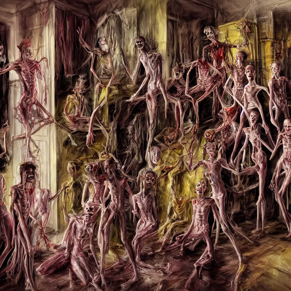 Image similar to bright realistic anorexic end of the world family cult turning into gods and deamons and smiling franticly, old apartment, rotten flesh, diffuse lighting, fantasy, intricate, elegant, highly detailed, lifelike, photorealistic, digital painting, artstation, illustration, concept art, smooth, sharp focus, art by francis bacon and jenny saville