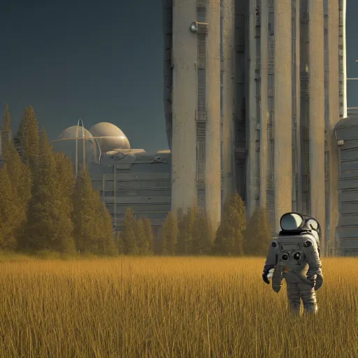 Prompt: a highly detailed matte painting of an astronaut standing in front of an abandoned alien fortress in a tall grass field, octane render, featured on Artstation