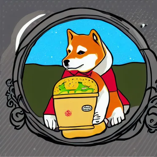 Image similar to a fortune-telling shiba inu reading your fate in a giant hamburger, digital art