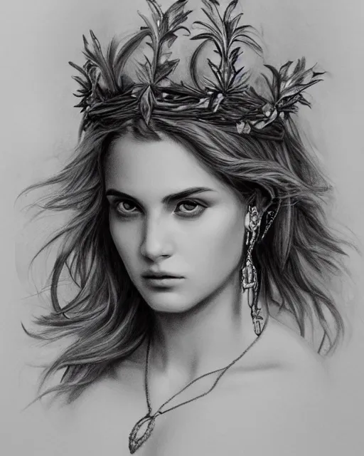 Image similar to pencil drawing of a beautiful greek goddess aphrodite wearing a laurel wreath and arrowhead earrings, beautiful confident eyes, beautiful flowing hair, hyper realistic face, in the style of greg rutkowski, fantasy, amazing detail, epic, elegant, smooth, sharp focus, from the front, long shot