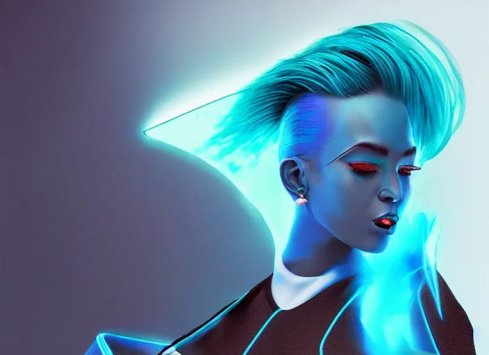 Image similar to a woman with blue hair wearing a futuristic outfit by hedi xandt, trending on behance, afrofuturism, futuristic, airbrush art, future tech