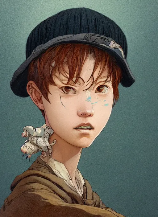 Image similar to prompt : portrait soft light painted by james jean and katsuhiro otomo and erik jones, inspired by akira anime, epic fantasy, a young dark skinned girl with short hair dressed as a boy in plain peasant clothing and a newsboy cap, intricate oil painting, high detail illustration, sharp high detail