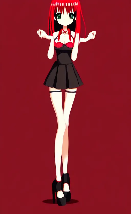Prompt: anime girl with a detailed face and black hair in a red outfit, full body, trending, vector art, illustration,