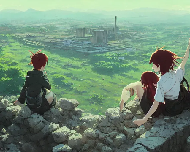 Image similar to a boy and a girl sitting on a hill overlooking the apocalyptic ruins of a city, rubble, ruins, post-apocalyptic, gloomy, end of the world, dust. Girl has long, flowing auburn hair. By Makoto Shinkai, Stanley Artgerm Lau, WLOP, Rossdraws, James Jean, Andrei Riabovitchev, Marc Simonetti, krenz cushart, Sakimichan, D&D trending on ArtStation, digital art.