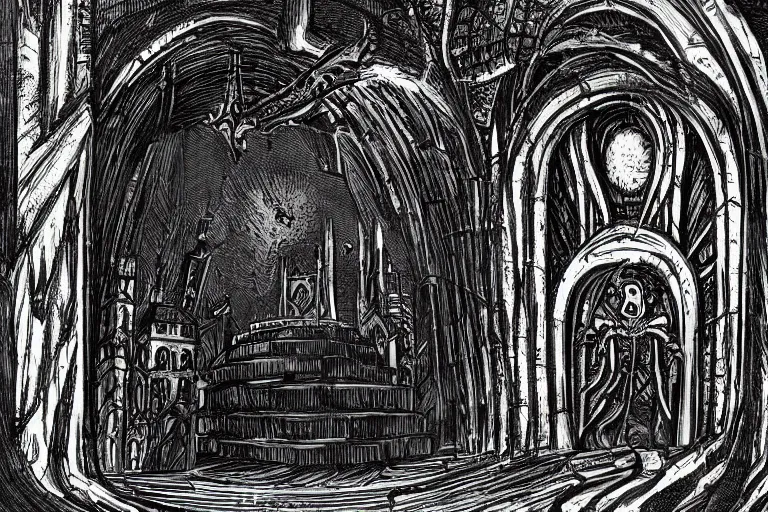Prompt: The portal to Cthulu's realm open in front of a gothic metropolis