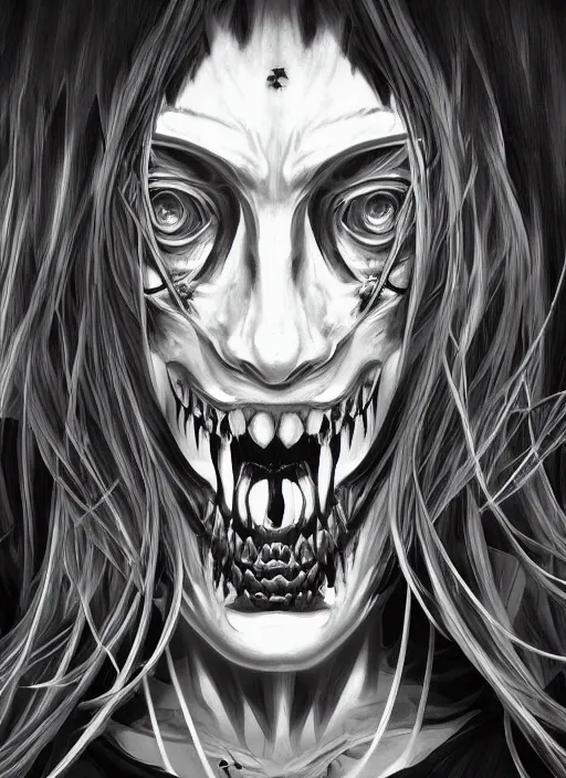 Image similar to digital _ painting _ of _ shinigami japanese horror black and white _ by _ filipe _ pagliuso _ and _ justin _ gerard _ symmetric _ fantasy _ highly _ detailed _ realistic _ intricate _ port