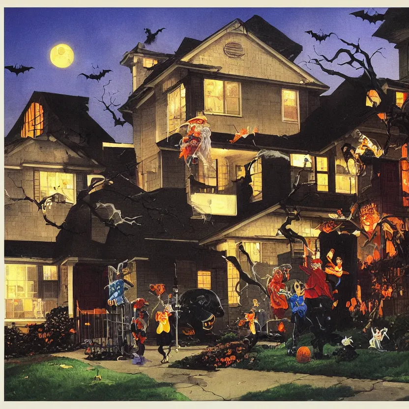 Prompt: a framed painting of a halloween scene in a suburban neighborhood.. highly detailed science fiction painting by norman rockwell, frank frazetta, and syd mead. framed painting. rich colors, high contrast, gloomy atmosphere, dark background. trending on artstation