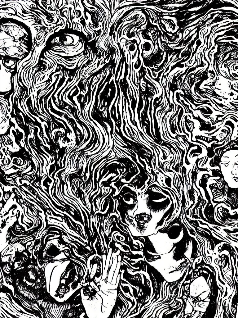 Image similar to black and white illustration creative design junji ito body horror psychedelic