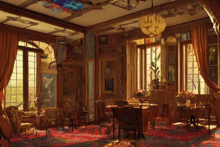 Image similar to a bohemian parlor with sunbeams streaming in from tall windows, by Donato Giancola and Vermeer,floral embroidery, carved wood, oriental carpets,rich deep color, dramatic cinematic lighting, featured on Artstation, cgsociety, unreal engine