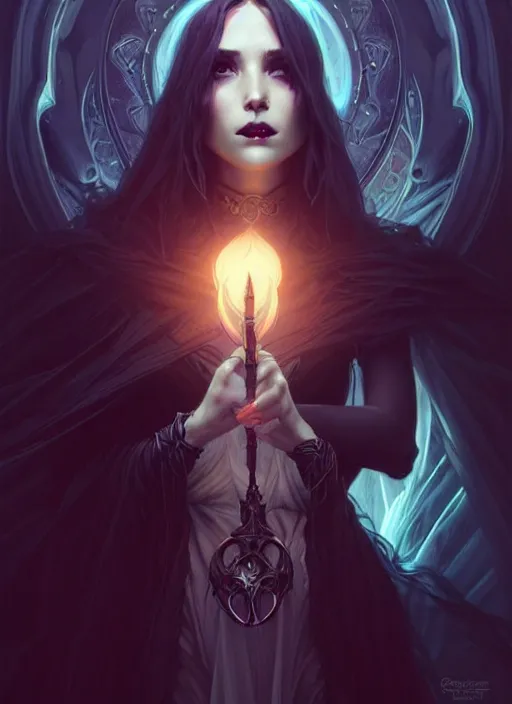 Image similar to a beautiful cinematic female Necromancer Sorceress goddess of death, fantasy magic, undercut hairstyle, dark light night, intricate, elegant, sharp focus, illustration, highly detailed, digital painting, concept art, matte, art by WLOP and Artgerm and Greg Rutkowski and Alphonse Mucha, masterpiece