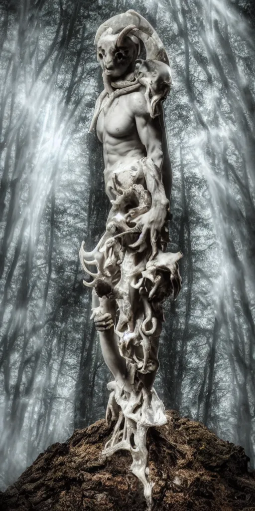 Prompt: intense marble statue of a black metal pagan god with a goat skull by michelangelo and johnson tsang, swirls of mist, light beams, lens flare, in a forest clearing, portrait, photorealism, epic, clear, intense, uhd, amazing depth, cinematic lighting,