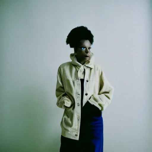 Image similar to realistic! photoshoot for a new vetements lookbook, color film photography, portrait of a beautiful woman, location in a apartment, in style of tyler mitchell, 35mm