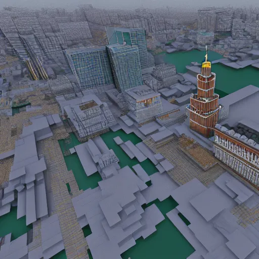 Image similar to atmospheric render of a moscow, minecraft, rendered with blender, 4 k
