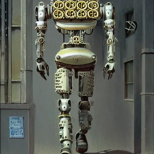 Prompt: a highly detailed retro futuristic robot with gears and other mechanical parts made out of pasta going for a walk outside, painting by Jim Burns