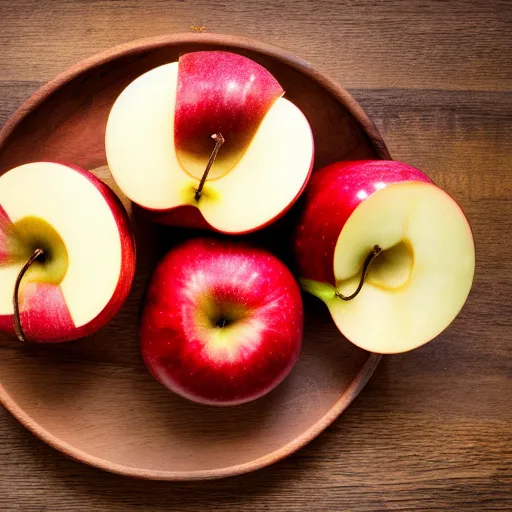 Image similar to a wide angle side view hyper realistic photo of only 3 apples on a wooden plate, food photography, highly detailed, sharp focus, award winning