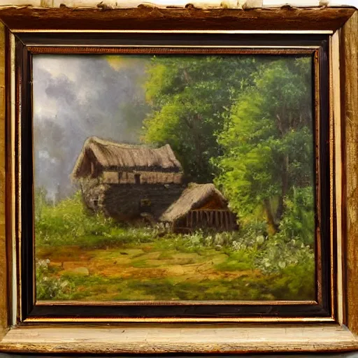 Prompt: oil painting of a cottage in a forest made by Keathley Mark