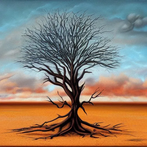 Image similar to a painting of a tree in the desert, an airbrush painting by breyten breytenbach, cgsociety, neo - primitivism, airbrush art, dystopian art, apocalypse landscape