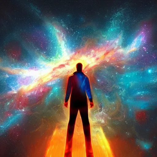 Image similar to digital painting of a man ascending to galactical bliss, stars and nebulas behind, dynamic lighting, cinematic shot, concept art, sci - fi, fantasy, artstation