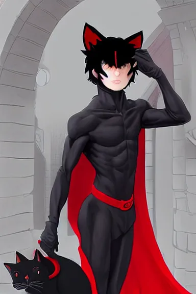 Prompt: little boy with cat ears in an black outfit with red cape. digital artwork made by lois van baarle and kentaro miura and marc simonetti and jesper ejsing, sharpness focus, inspired by hirohiko araki, anatomically correct, heroic composition, hero pose, smooth