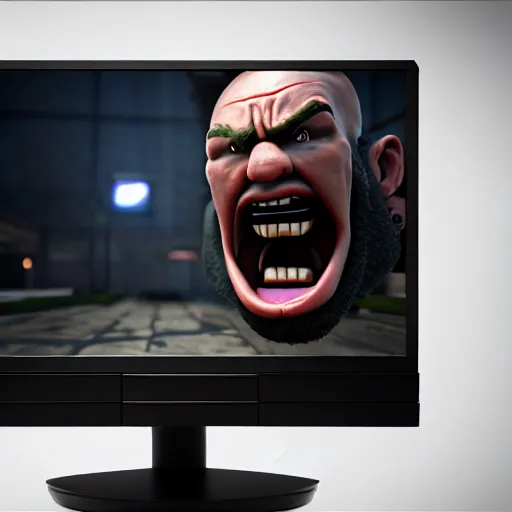 Prompt: an angry man yells at his computer monitor, unreal 4, render