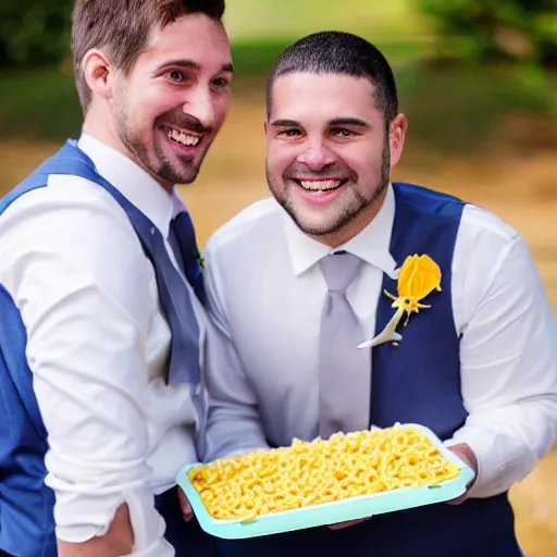 Image similar to a man smiling brings a tupperware of macaroni to a wedding