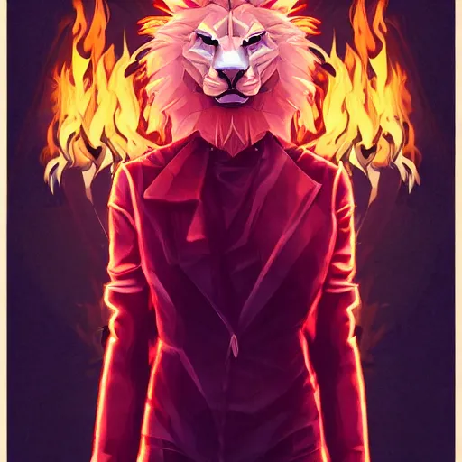 Prompt: aesthetic albino lion fursona portrait, commission of a female anthropomorphic lion on fire, fursona wearing cyberpunk stylish clothes standing in flames, city at night in the rain, simple art, low poly