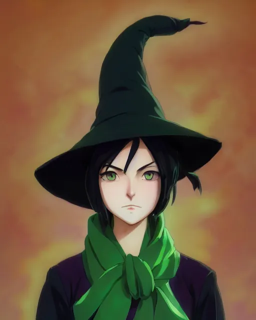 Prompt: female witch with green skin wearing a purple scarf, jet black hair, pale greenish skin, bright green eyes, simple black dress and black witch hat, beautiful face, visual novel portrait, design on an autumn background, by studio muti, style of greg rutkowski makoto shinkai takashi takeuchi studio ghibli