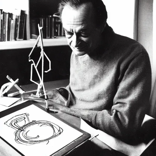 Prompt: richard feynman designing the first atomic baby
