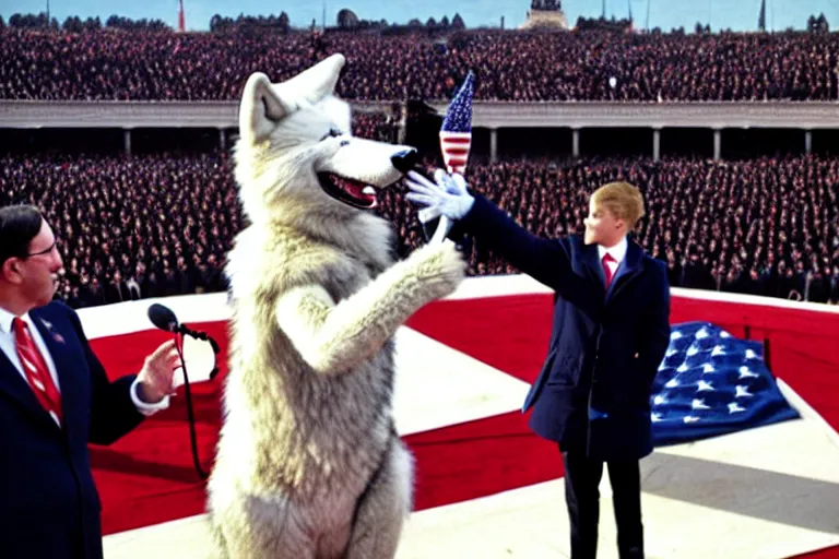 Image similar to photo of the usa presidential inauguration, a wolf fursuiter being inaugurated as president