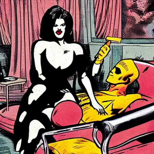 Image similar to comic-book panel of a woman laying back on a chaise lounge with cigarette in her hand while Rorschach from Watchmen asks her psychological questions