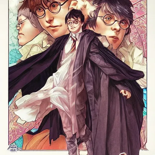 Image similar to harry potter perfect coloring, low saturation, epic composition, masterpiece, bold complimentary colors. stunning masterfully illustrated by artgerm, range murata, alphonse mucha, katsuhiro otomo