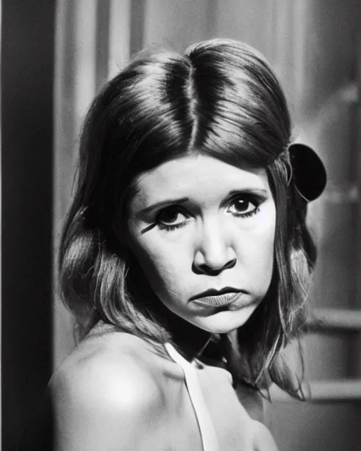 Prompt: carrie fisher photographed by helmut newton, 1977, studio photography, award winning, cdx