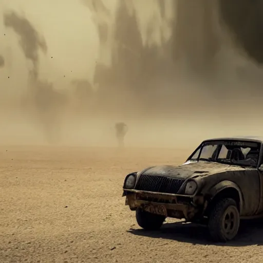 Image similar to A black car Yugo Koral 45 produced by Zastava is speeding through the post-apocalyptic dessert wasteland towards the camera, in the background a huge sand storm is raging, a movie still from Mad Max: Fury Road (2015), three-quarter shot from high angle, Oscar winning cinematography, 4k